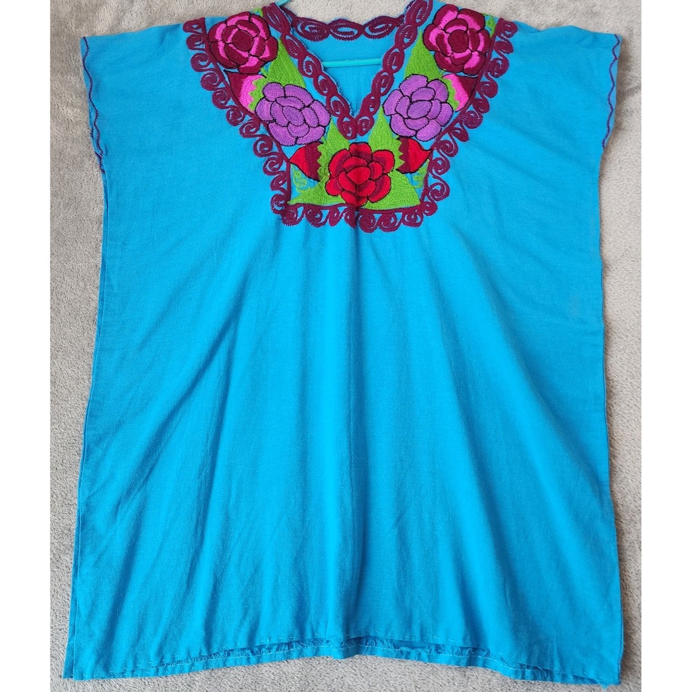 Womens Dress 2XL Turquoise Blue Floral Huipil Embroidered Mexican Artisanal Mini